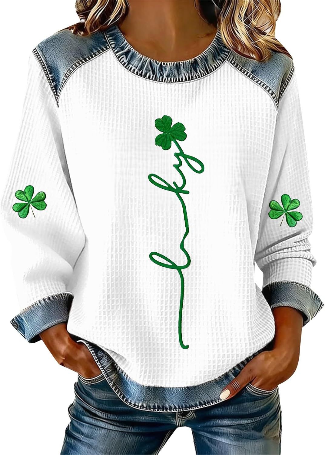 3D Print Denim Collar Waffle Knit Pullover Sweatshirt Women's Loose Fit