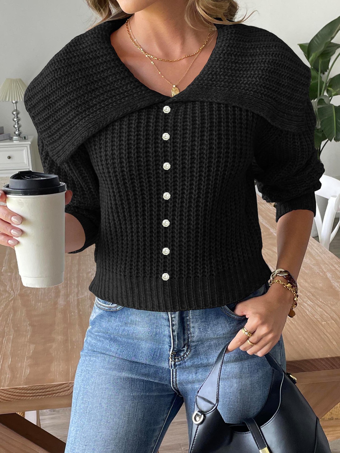 Women's Pearl Beaded Sweater with Large Lapel Collar