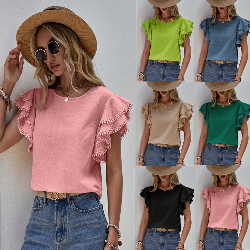 Women's Casual Round Neck Ruffle Sleeve Loose Blouse
