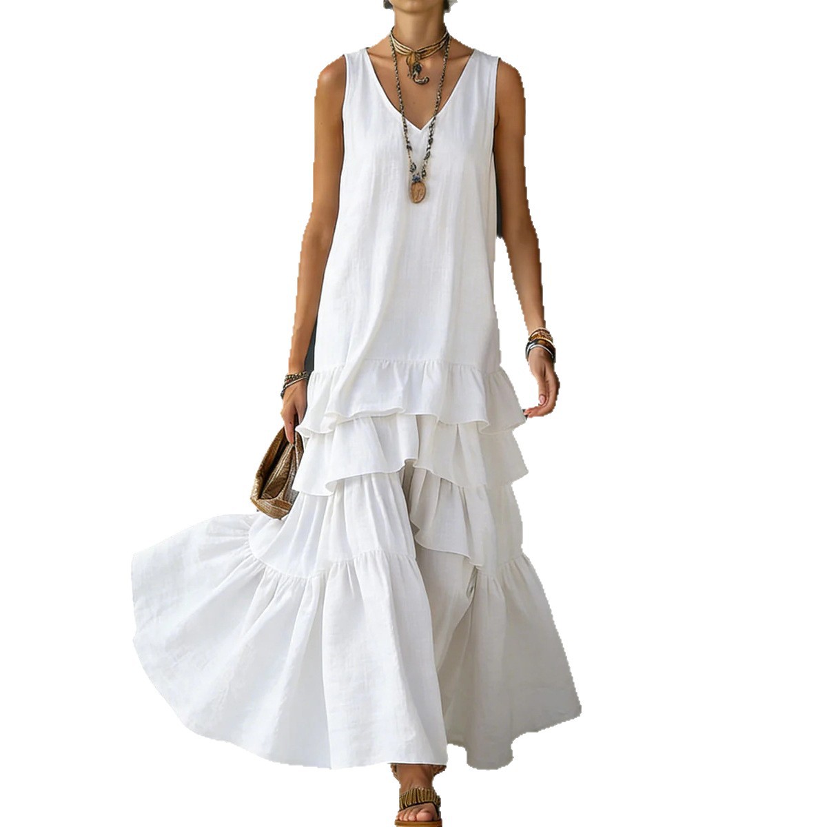 Women's Casual Loose Solid Sleeveless V-Neck A-Line Midi Dress