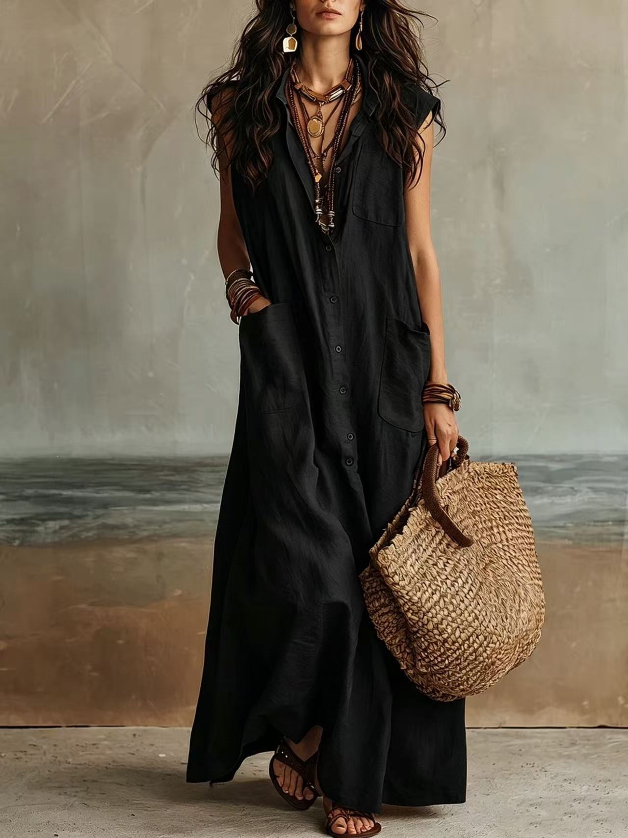 Women's Off-Shoulder Boho Shirt Dress Loose Fit Long Polyester