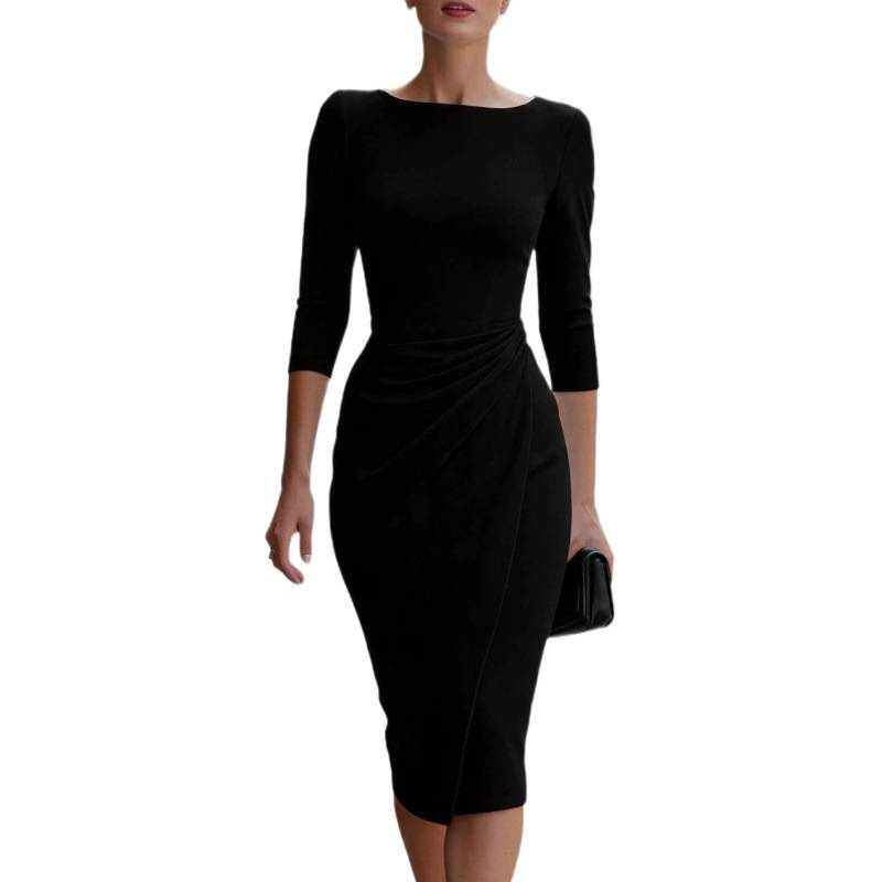 Slim Fit Pleated Midi Dress with Sleeves - Elegant Office Wear