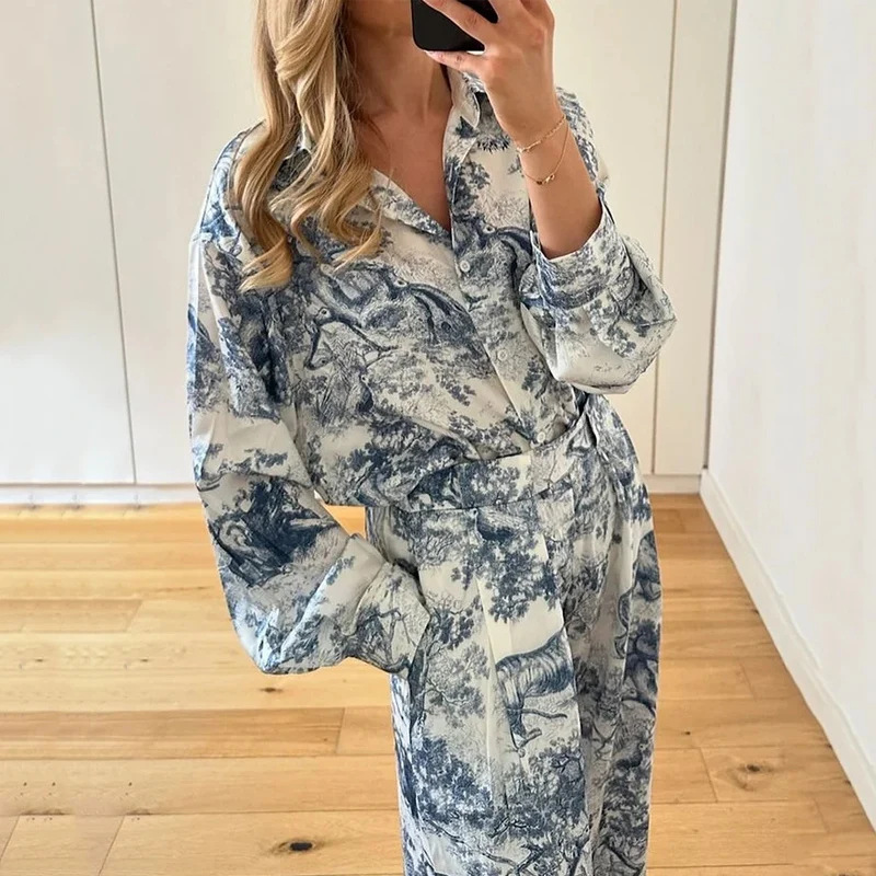 Women's Loose Print Long Sleeve Shirt & Pants Casual Set