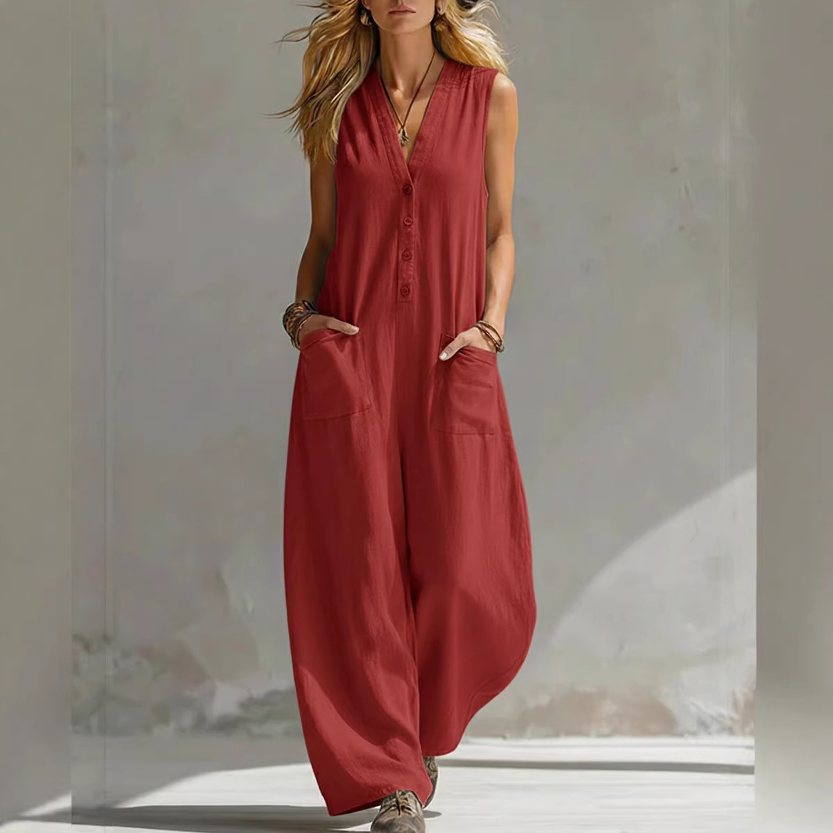Women's Sleeveless Linen-Cotton Wide-Leg Jumpsuit with Pockets
