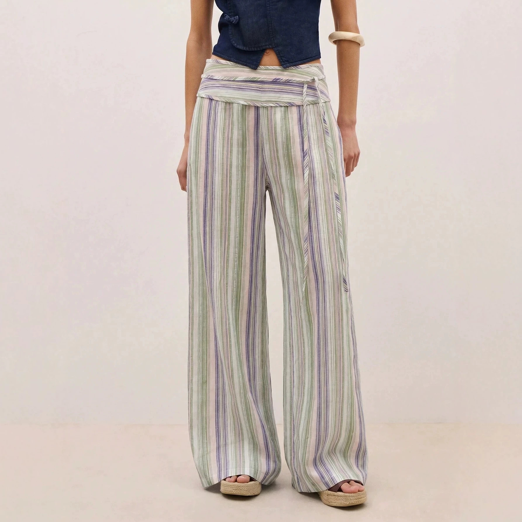 Striped High-Waist Tie-Front Wide-Leg Pants