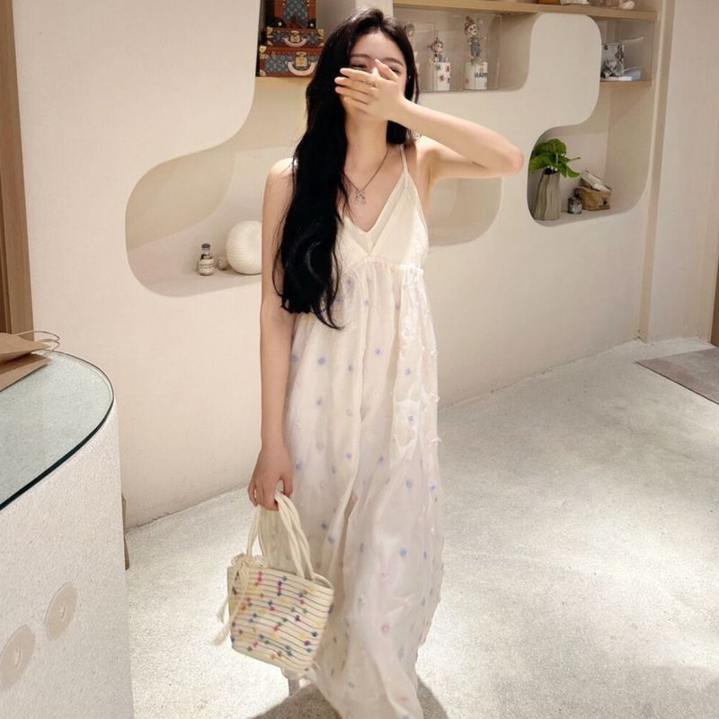 Women's French Style V-Neck Sleeveless A-Line Midi Dress with Polka Dot Print and Waist-Cinching Fit