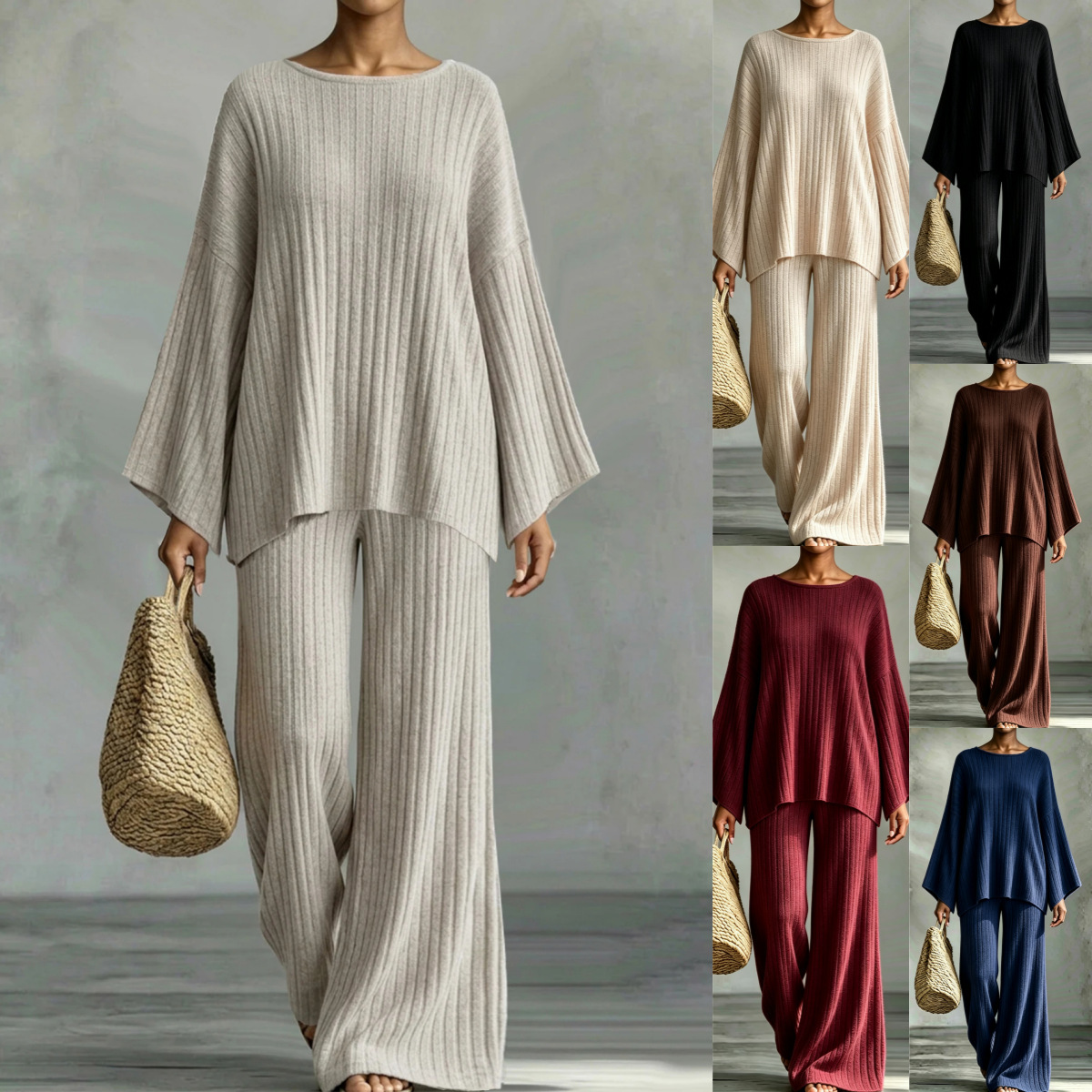 Women's Ribbed Brushed Long Sleeve Top and Pants Set Casual Loungewear