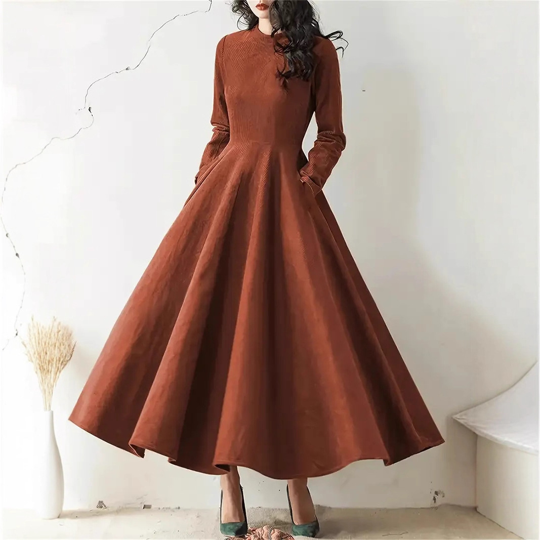 Elegant Corduroy Long Sleeve A-Line Maxi Dress with Zip and High Waist