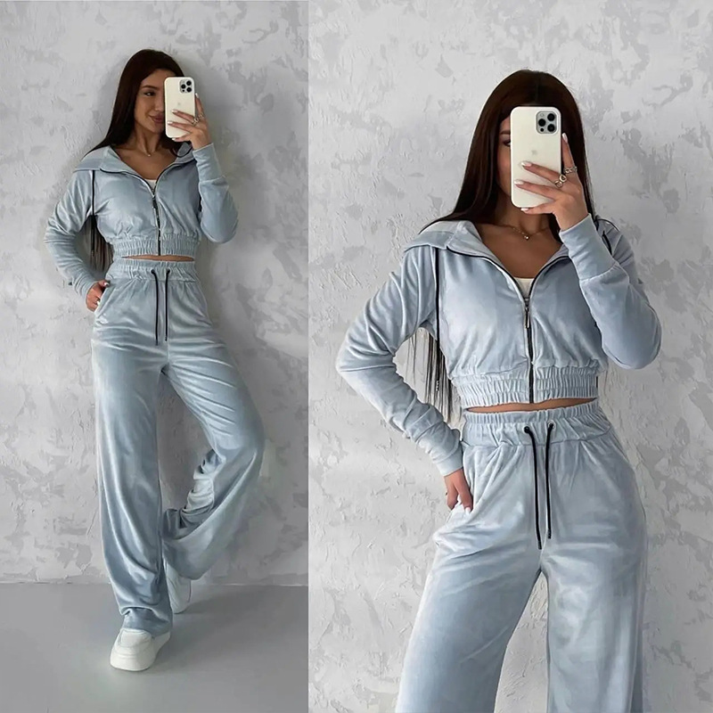 Women's Casual Solid Color Long Sleeve Zip Hoodie and Drawstring Pants Two-Piece Set