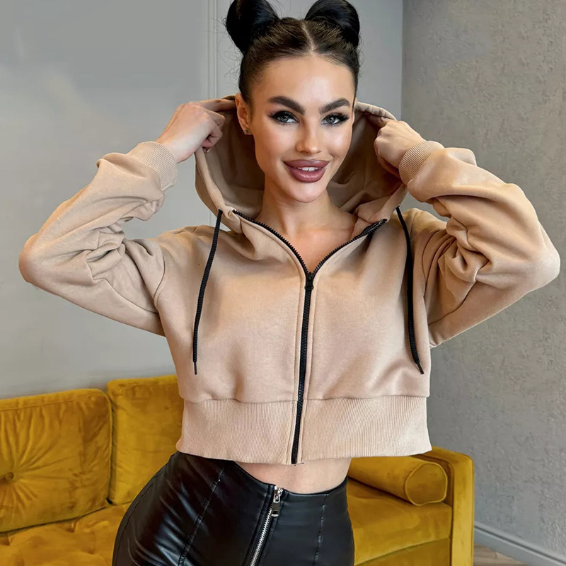 Women's Long Sleeve Hooded Zip-Up Cropped Fleece Sweatshirt