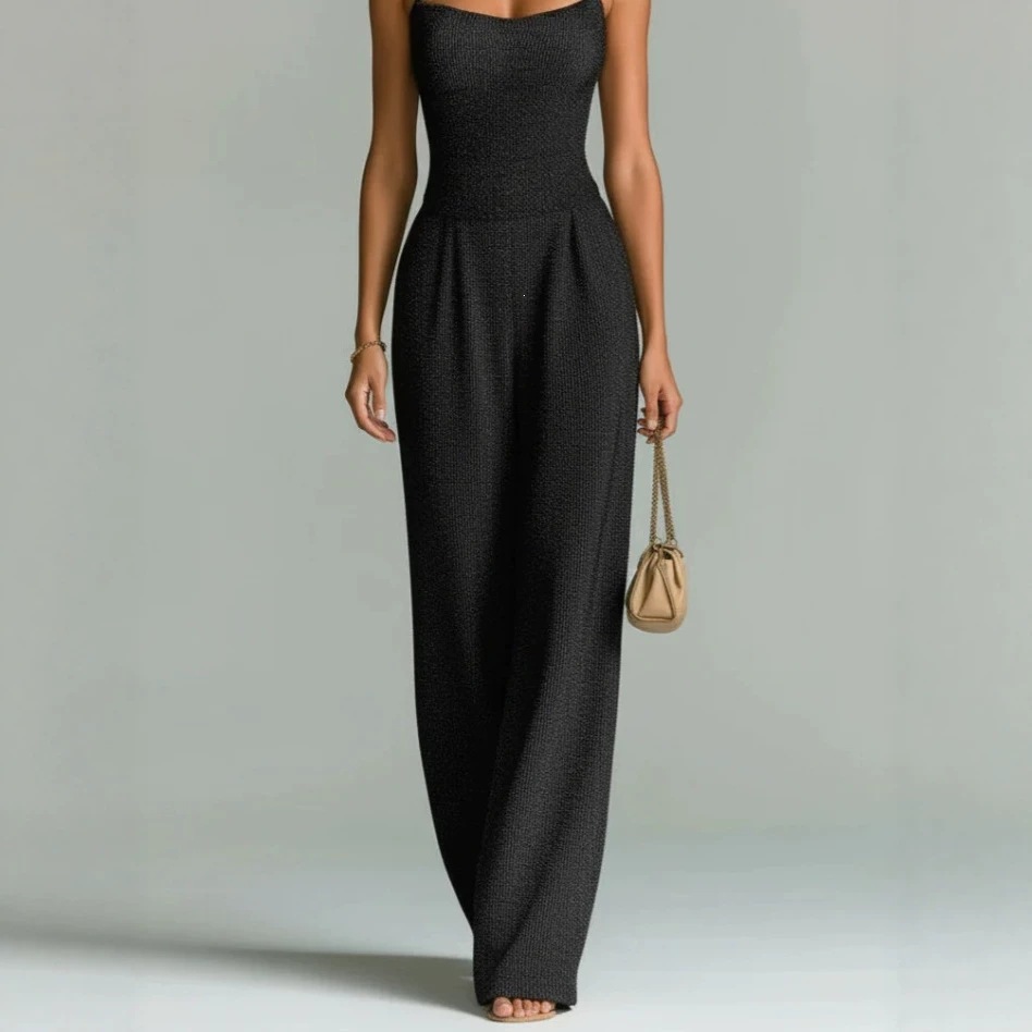 Women's Ribbed Knit Sleeveless Wide-Leg Jumpsuit Solid Color