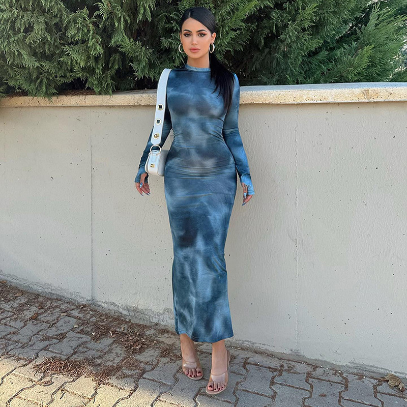 Tie-Dye Bodycon Long-Sleeve Midi Dress