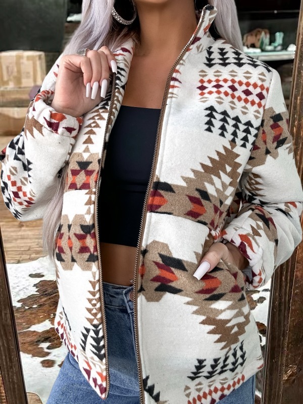 Western Print Zip-Up Cardigan Jacket