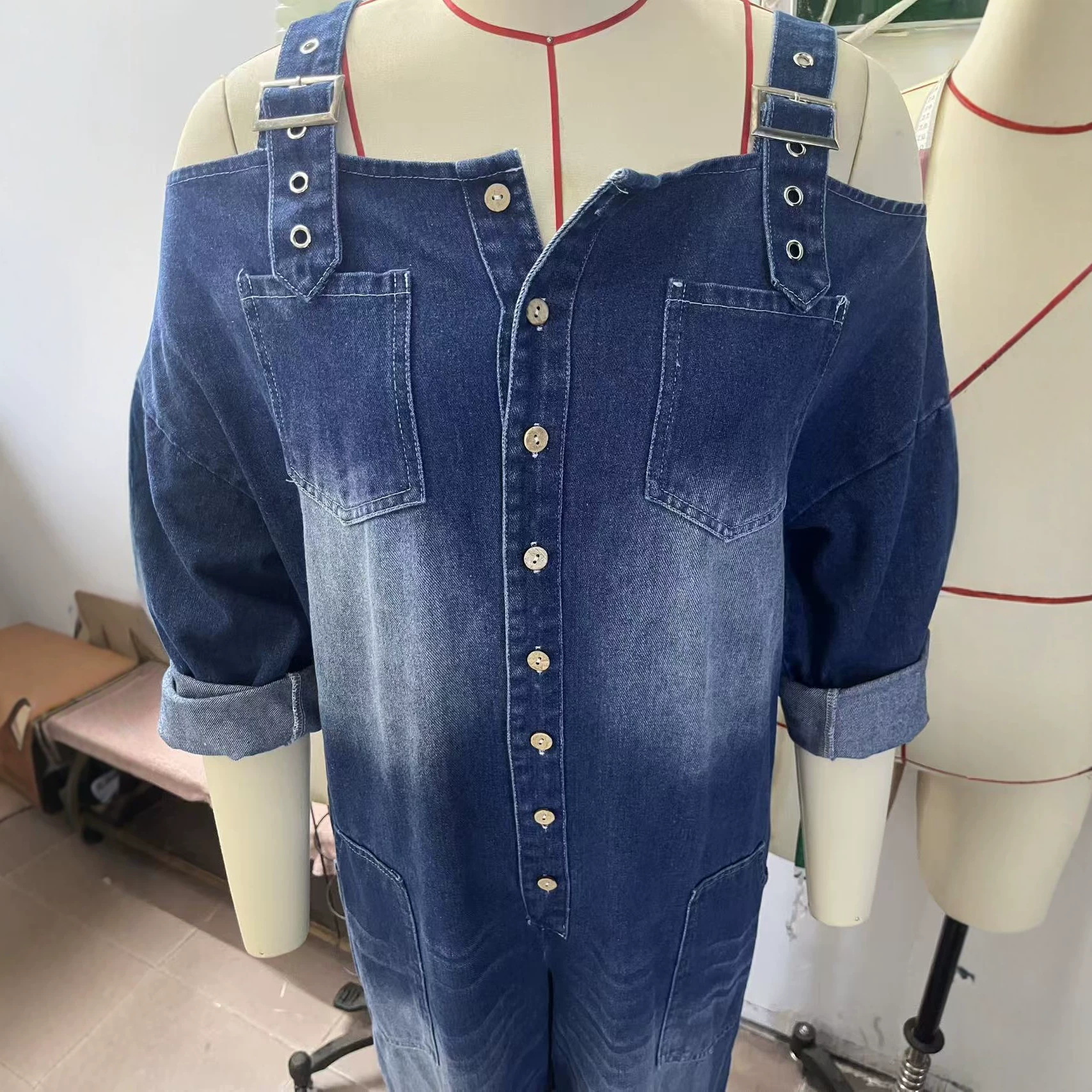 Sexy Off-Shoulder Denim Jumpsuit with Pockets Wide Leg