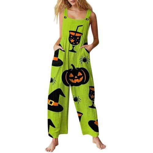 Women's Halloween Pumpkin Cat Print Sleeveless Jumpsuit Casual