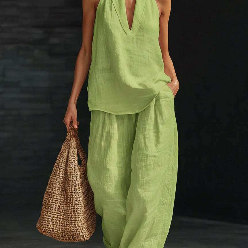Women's Halter V-Neck Two-Piece Pant Set Casual Loose Fit