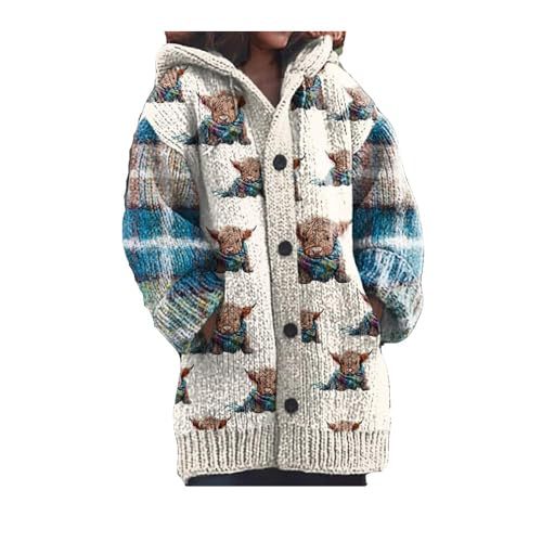 Women's Cartoon Cow Print Hooded Button Cardigan Sweater