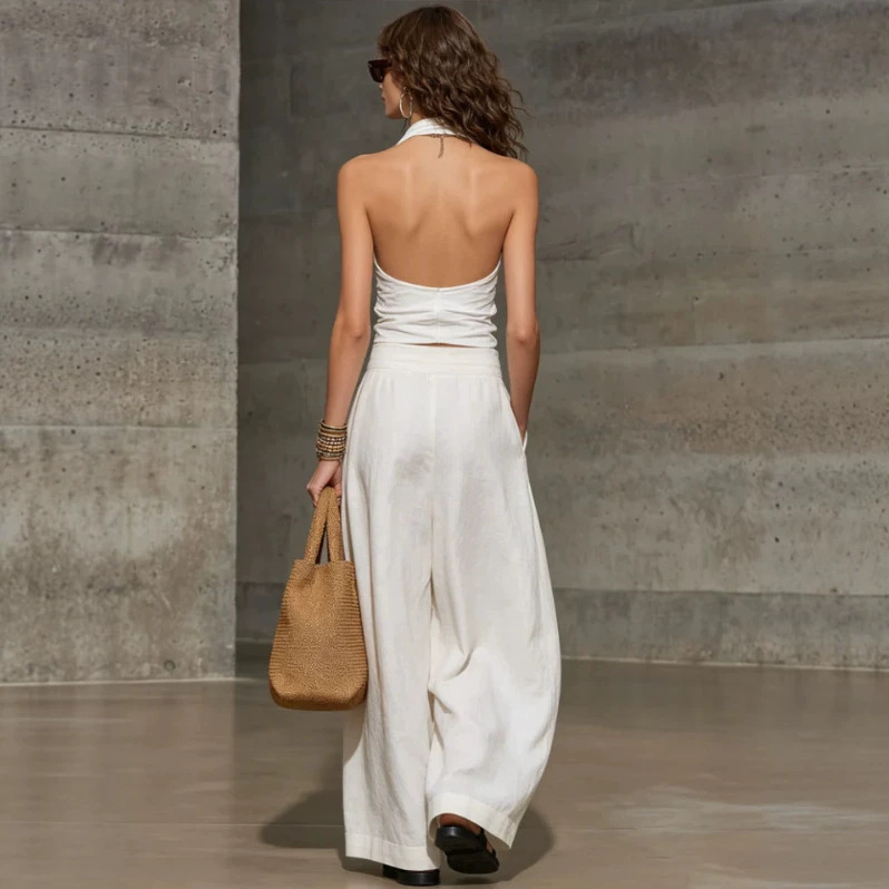 Women's Casual Retro White Sleeveless Wide-Leg Pants Set
