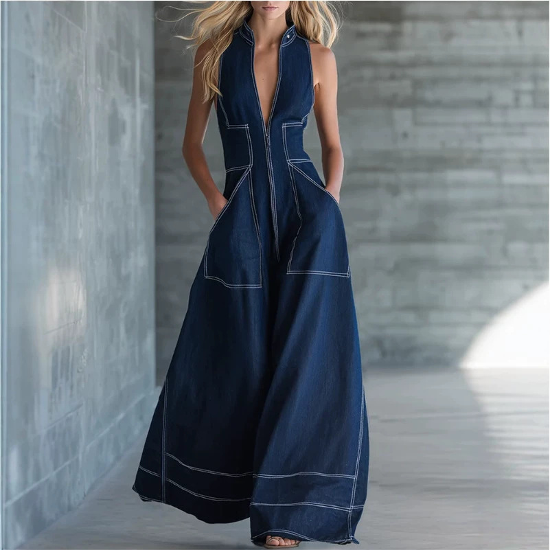 Vintage Solid Color Wide-Leg Sleeveless Denim Jumpsuit