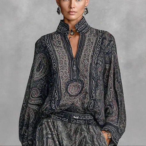 Paisley Print Retro Two-Piece Pants Set with Long-Sleeve Sweatshirt