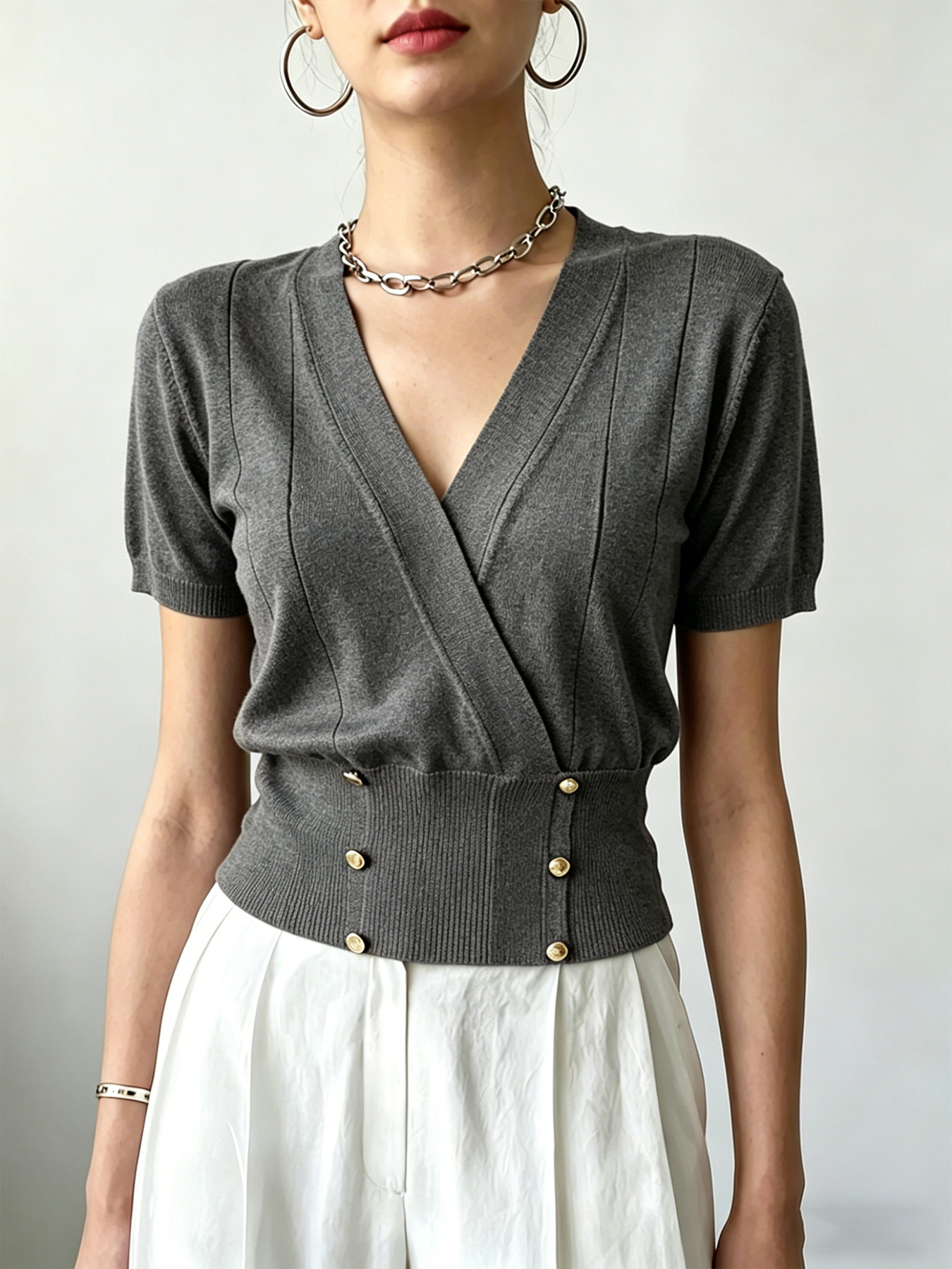 Women's Knit Sweater with Cross V-Neck and Faux Button Waist