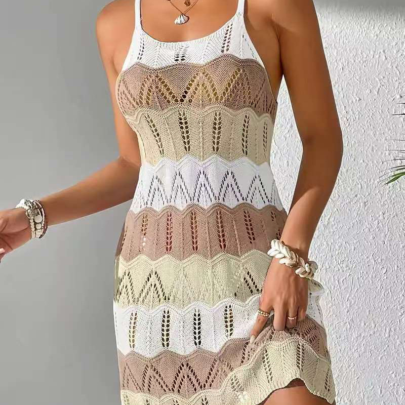Women's Colorblock Knit Beach Cover-Up Dress Sleeveless Midi