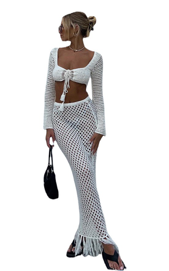 Women's Summer Crop Bikini Set with Fringe, Sheer, and Hollow-Out Knit