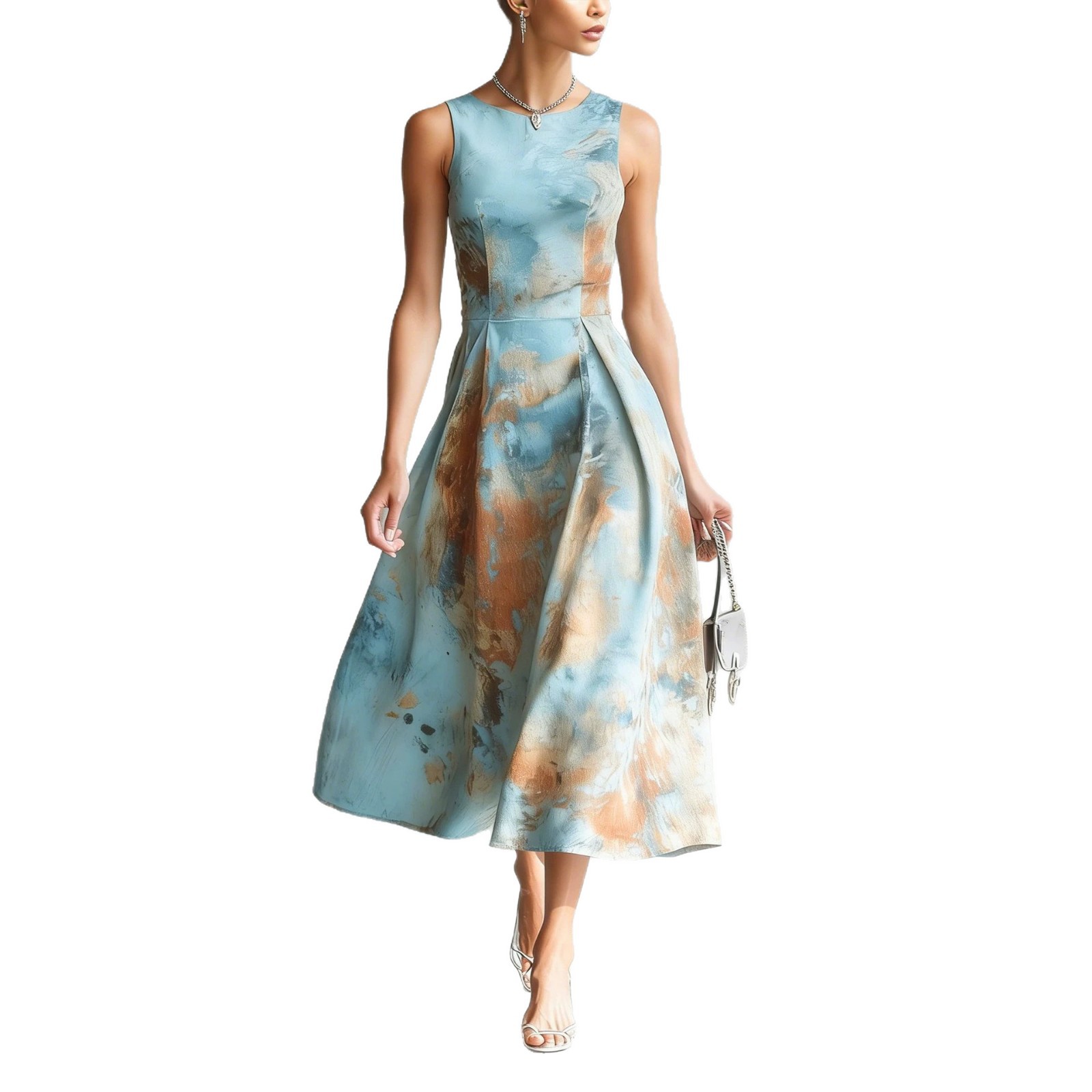 Floral Print Sleeveless Midi Dress Round Neck A-Line