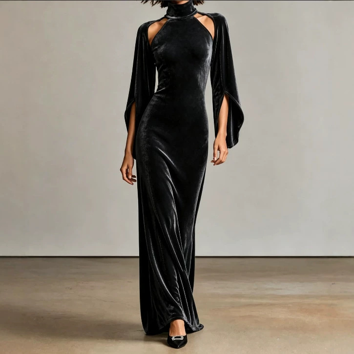 Women's Velvet Bell Sleeve Cutout High Neck Long Evening Dress