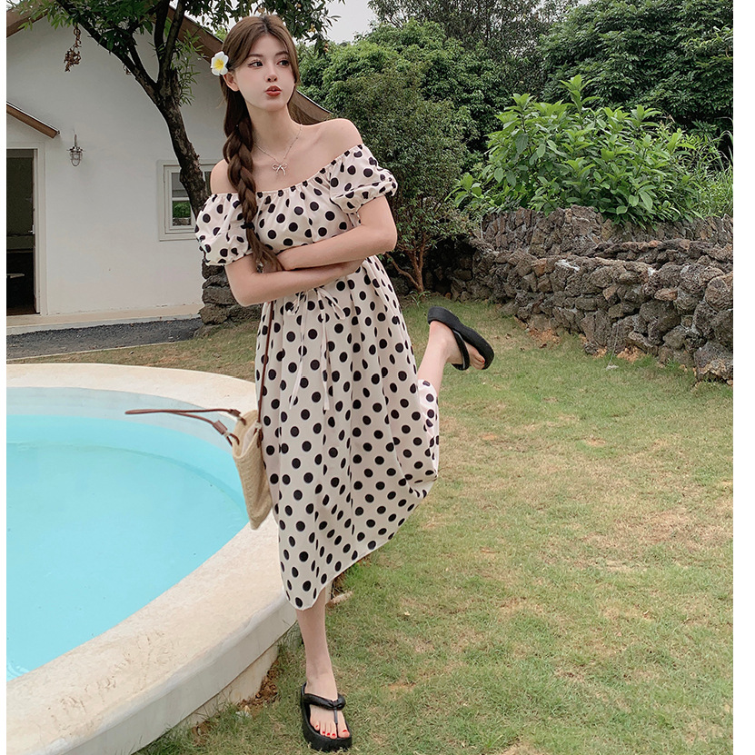 French-Style Polka Dot Puff Sleeve Midi Dress