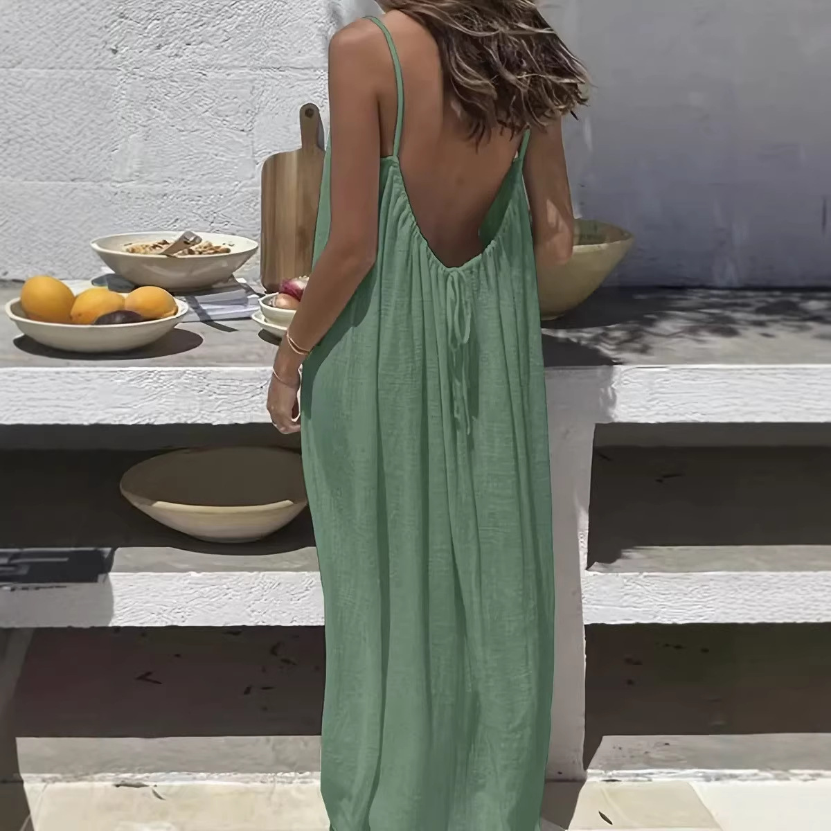 Open-Back Spaghetti Strap Maxi Dress U-Neck Loose Solid Beach Vacation