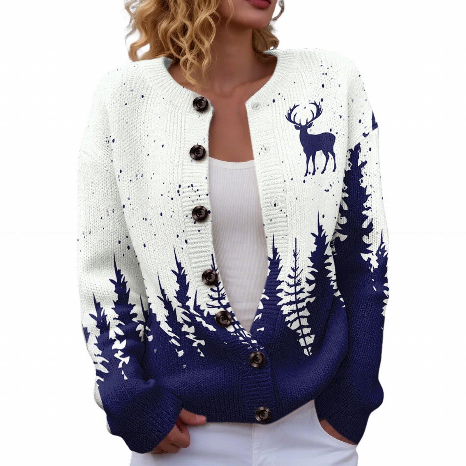 Women's Christmas Reindeer Forest Print Button Cardigan Sweater
