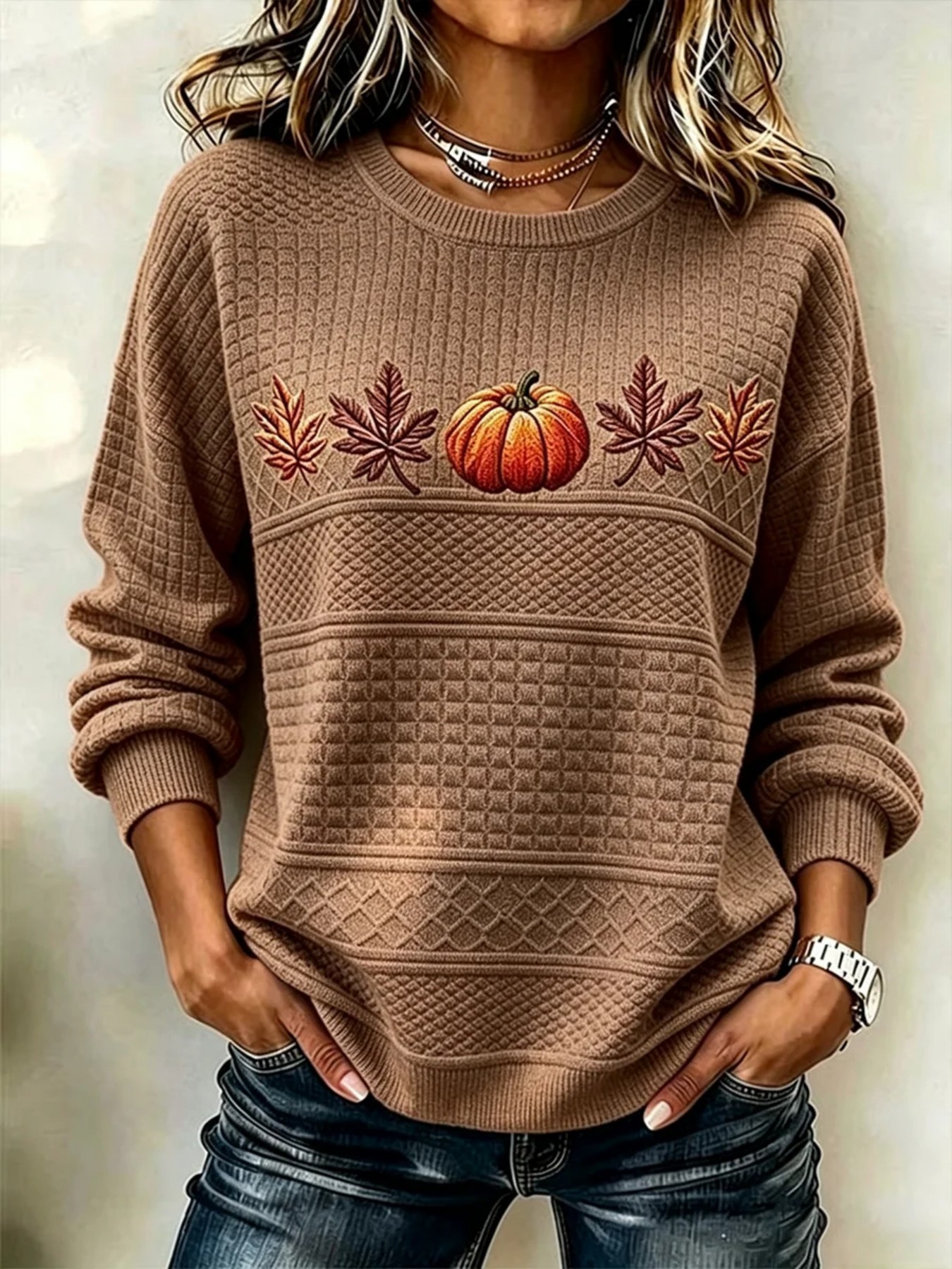 Pumpkin Maple Leaf Waffle Print Crewneck Long-Sleeve Women's Sweatshirt