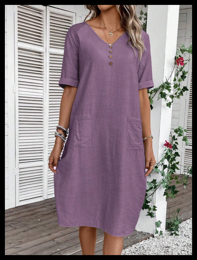 Women's V-Neck Loose Cotton Linen Midi Dress