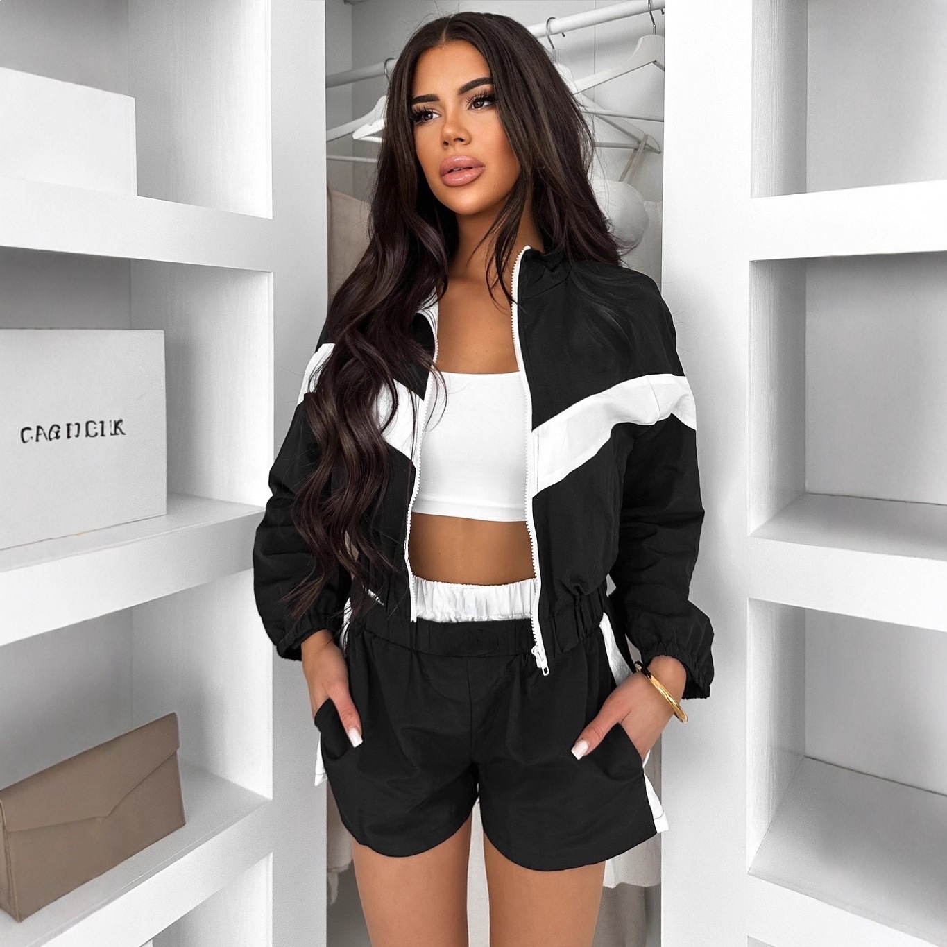 Women's Colorblock Zip Cardigan and Shorts Two-Piece Set
