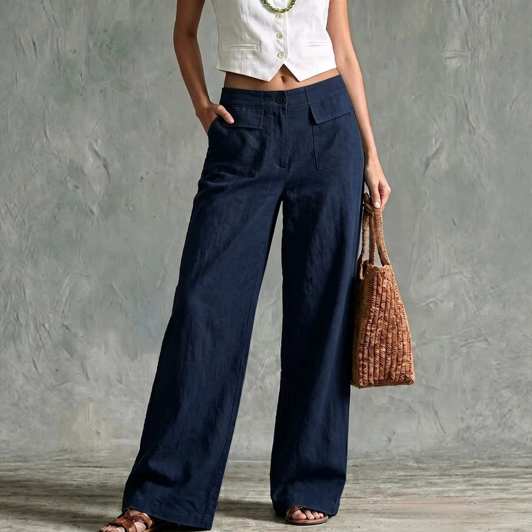 Women's Linen-Blend Wide-Leg Pants Solid Color High-Waist Casual