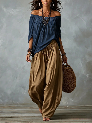 Women's Long Loose Off-Shoulder Top and Lantern Pants Set