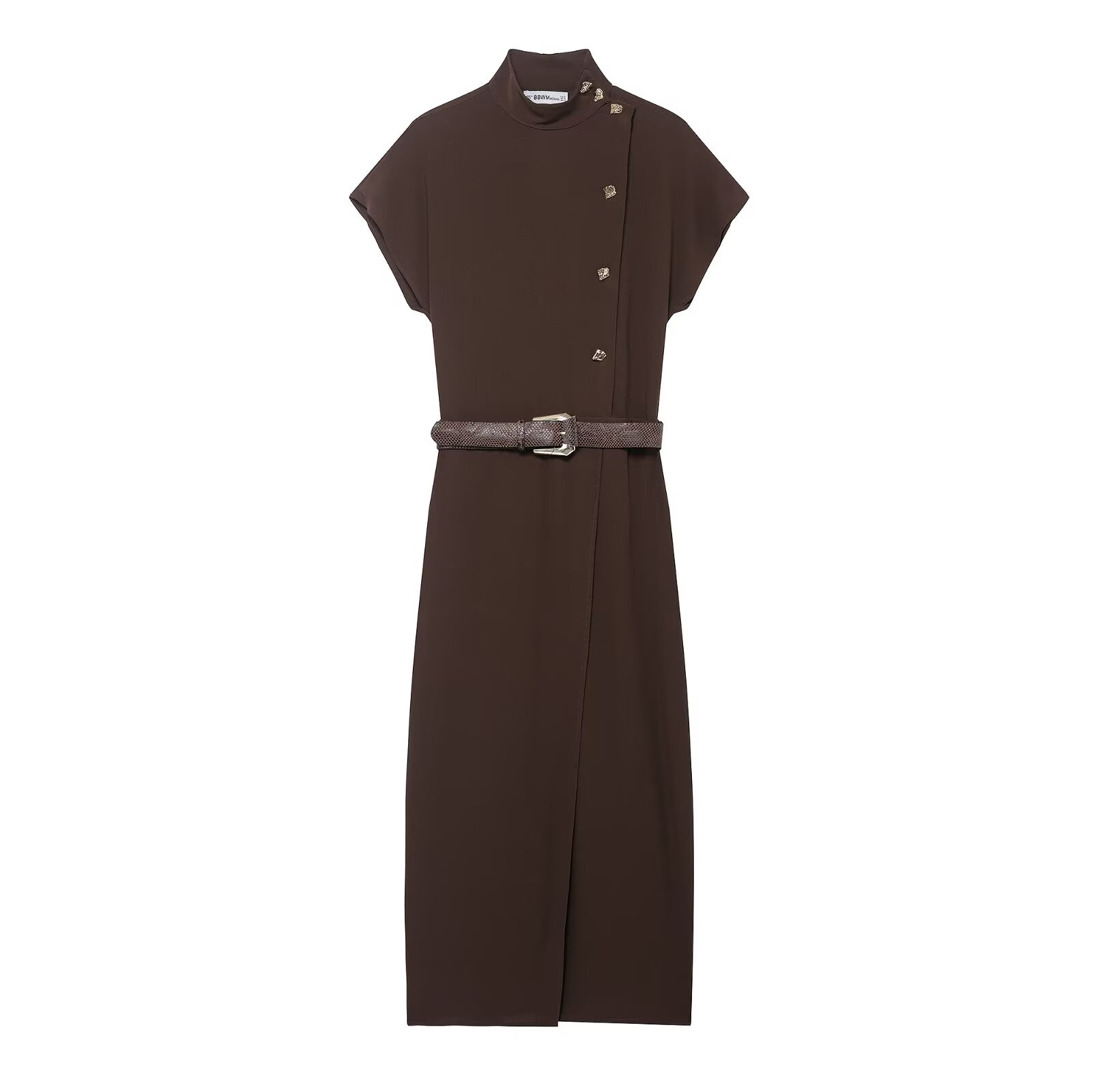 Women's Belted Midi Dress Short Sleeve High Waist Solid