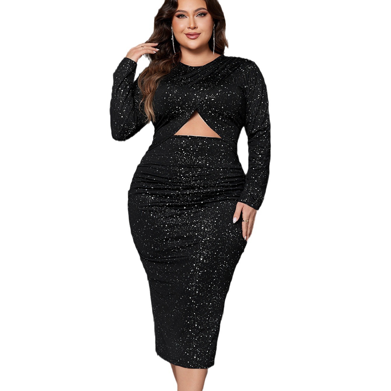 Women's Long Sleeve Round Neck Split Bodycon Mini Dress