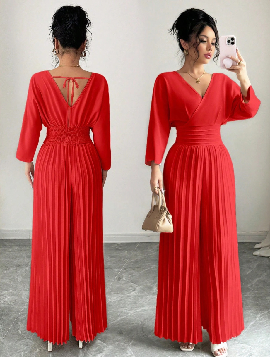 Elegant Solid V-Neck Pleated Waist-Defining Wide-Leg Jumpsuit
