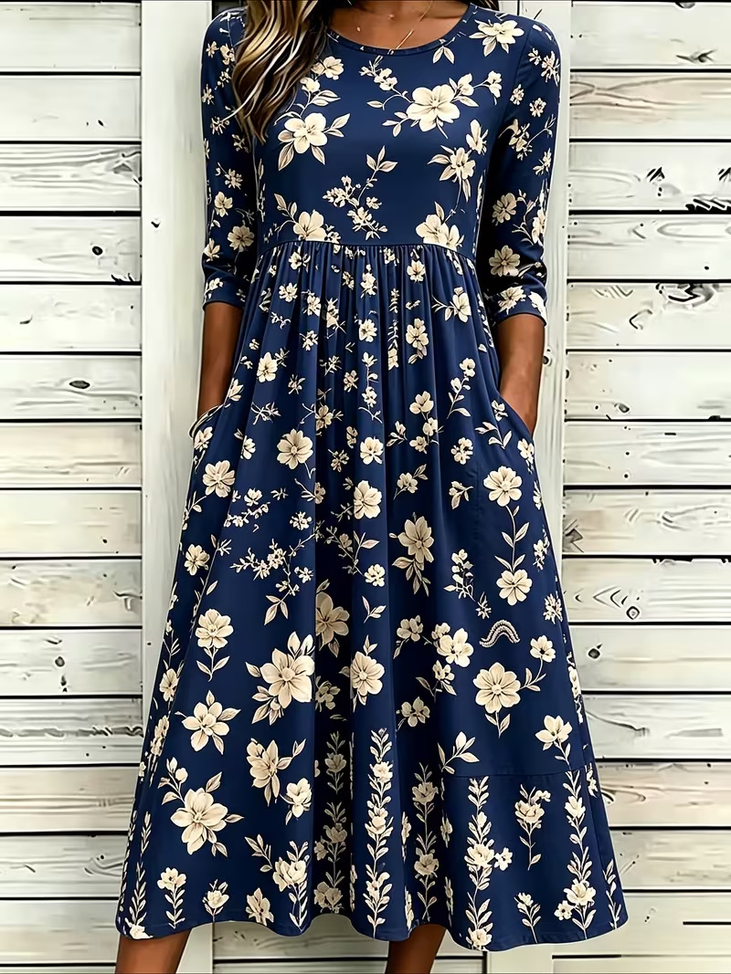Women's Fresh Floral Print Ruched Midi Dress