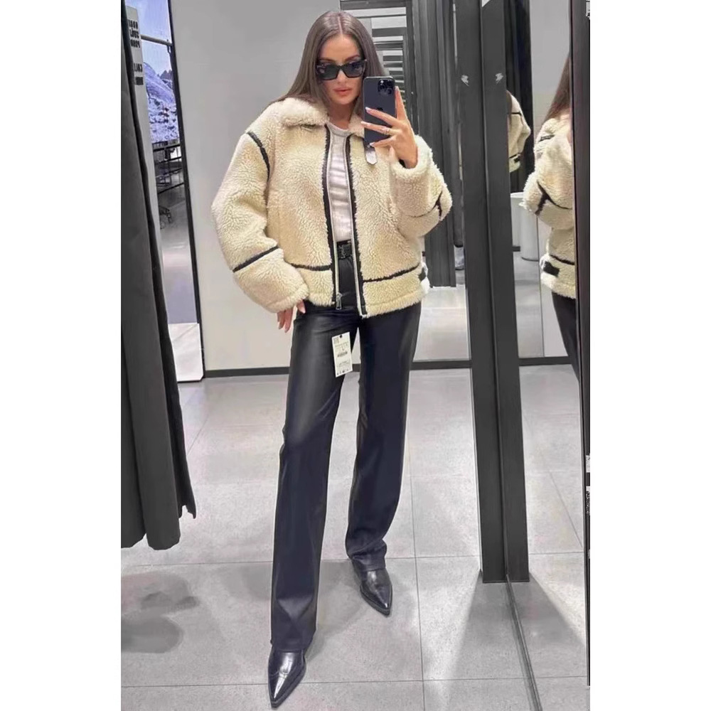 Women's Faux Fur Shearling Jacket Crew Neck Button Front