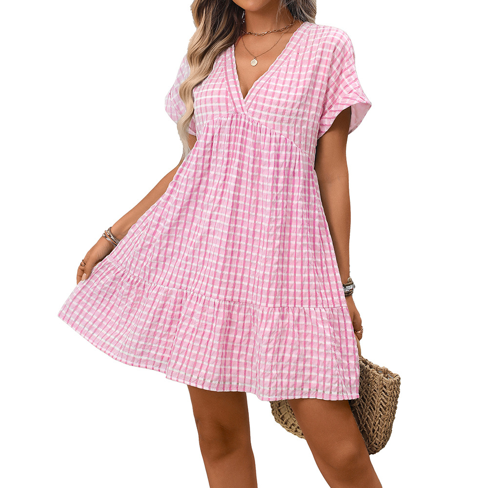 Women's Loose Casual Plaid Short Sleeve Dress
