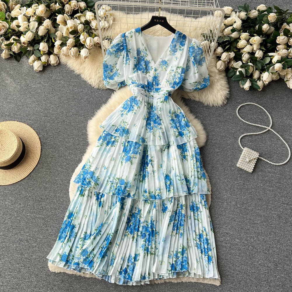 French-Style V-Neck Puff-Sleeve Floral Print Pleated Midi Dress
