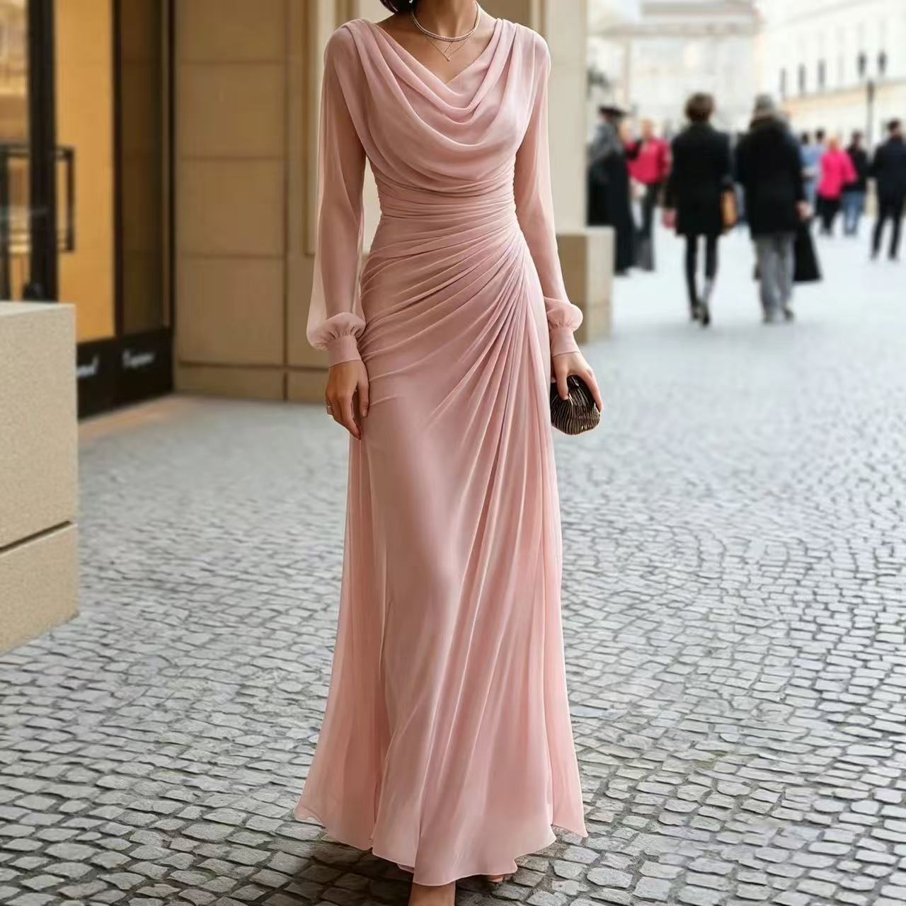 Solid Draped Long Sleeve A-Line Dress