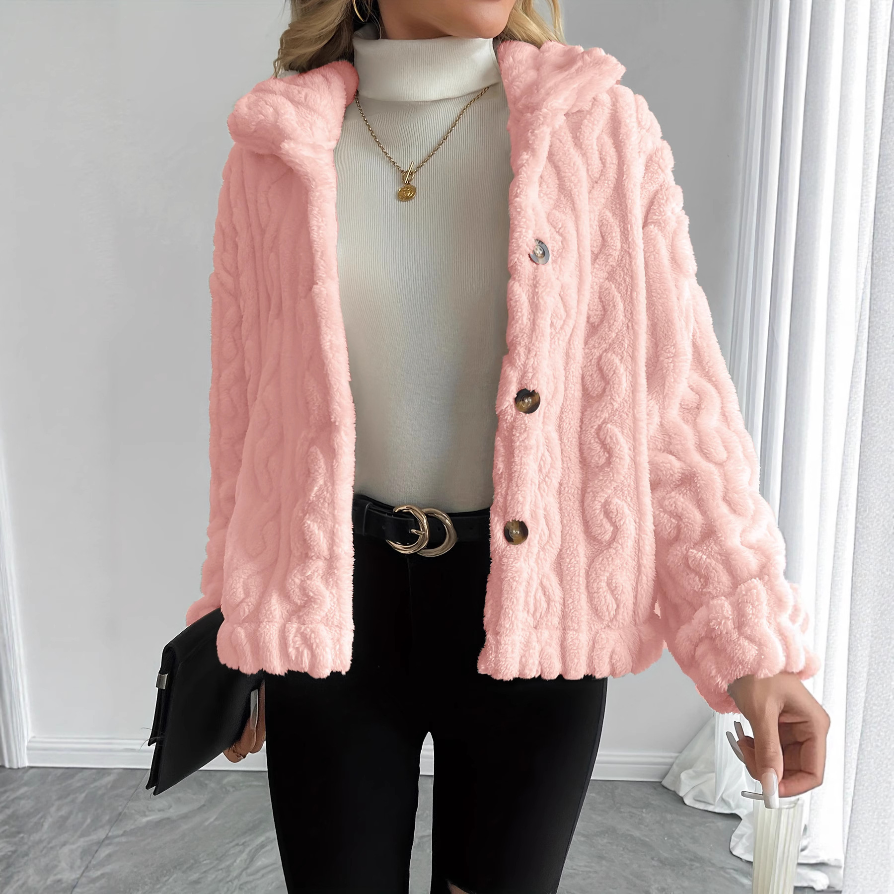Double-Sided Fleece Cable-Knit Women's Jacket Cozy Warm Button-Up Coat