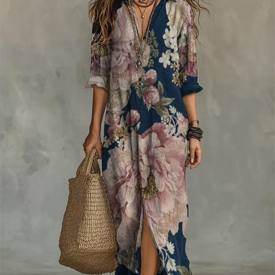 Bohemian V-Neck Midi Dress Short Sleeve A-Line Geometric Print