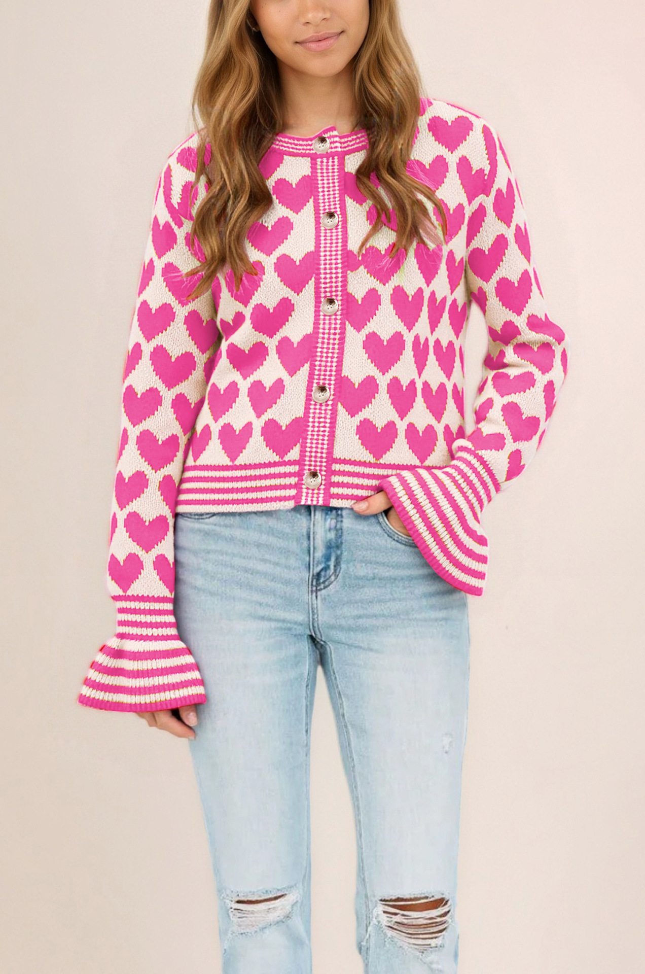 Heart Pattern Knit Cardigan Sweater Crew Neck Colorblock