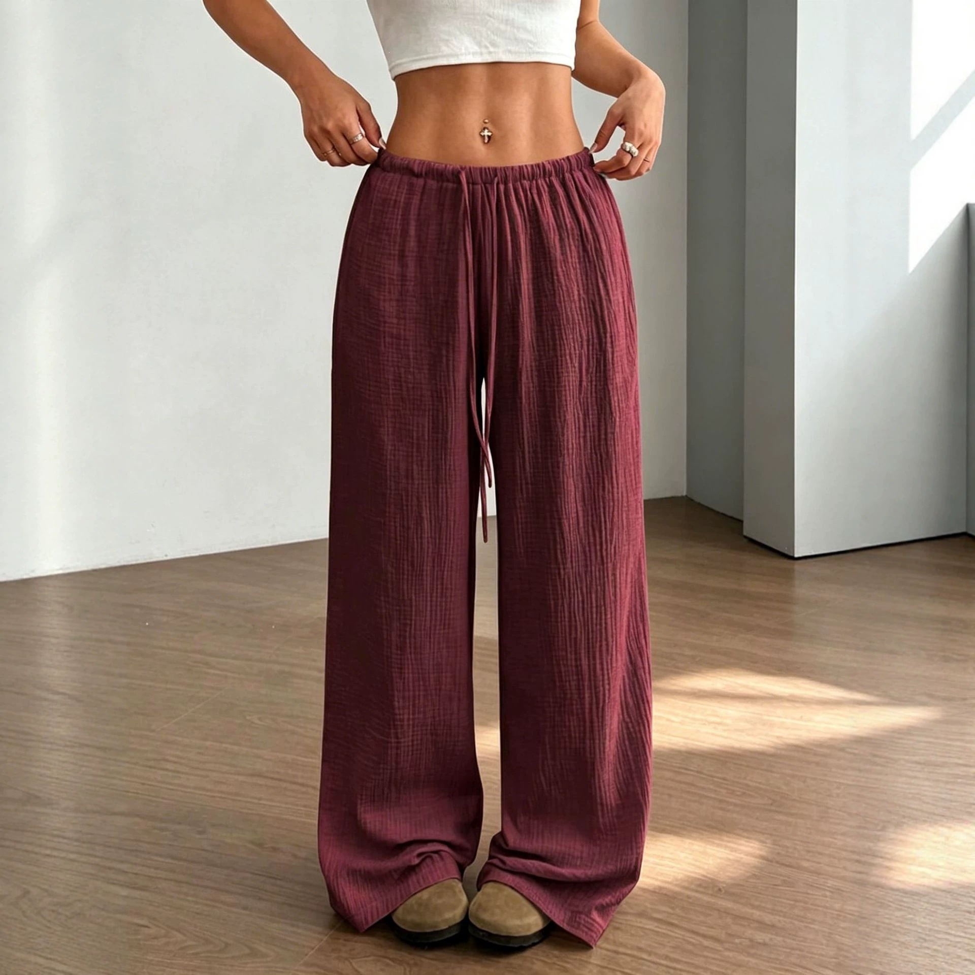 Women's High-Waist Wide-Leg Pants with Drawstring, Solid Color, Polyester Blend