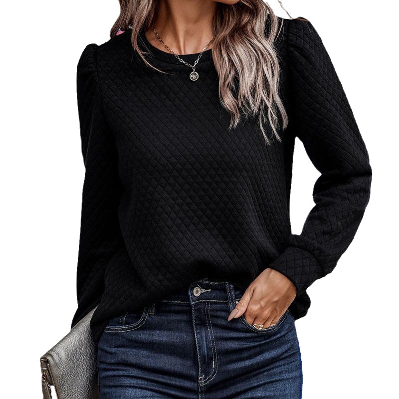 Women's Crewneck Puff Sleeve Plaid Pullover Sweatshirt